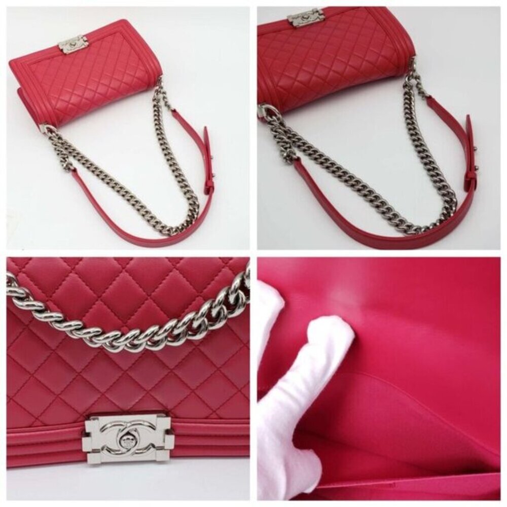 Authentic Chanel Boy Bag Red Quilted Leather Medium Flap Silver Chain CC Logo - Picture 10 of 16